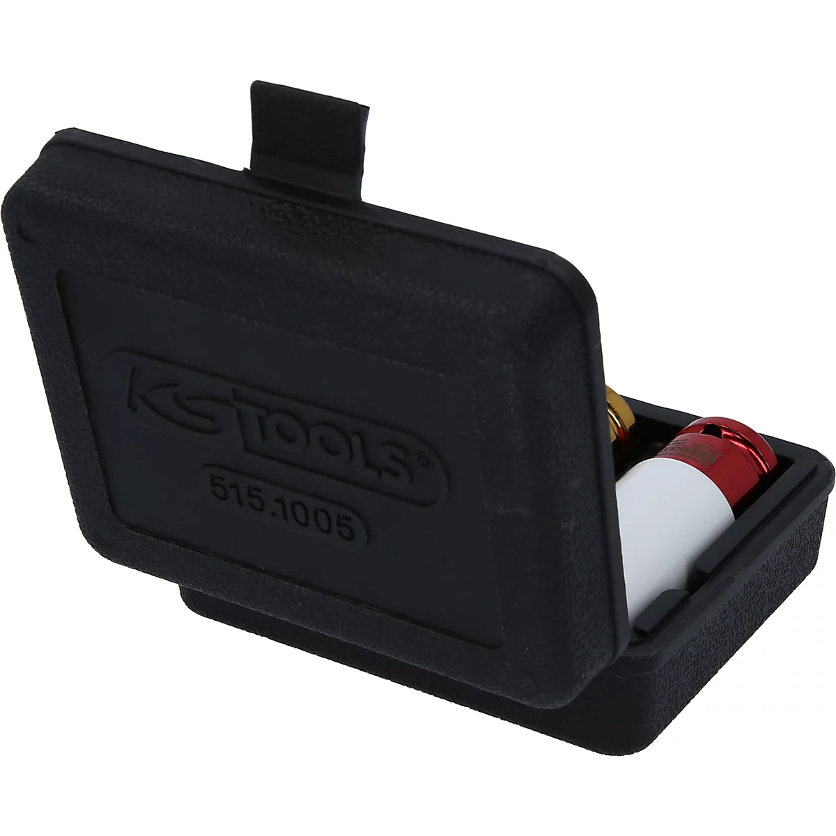 Schwarzer Werkzeugkasten, geöffnet, mit Werkzeugen, Logo "KS TOOLS" und "515.1005".